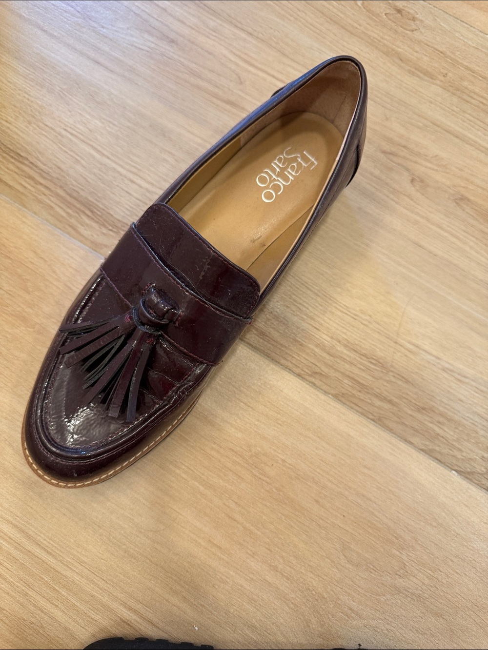 Franco Sarto Womens Patent Tassel chunky heel Loafers in Burgundy - Picture 2 of 7